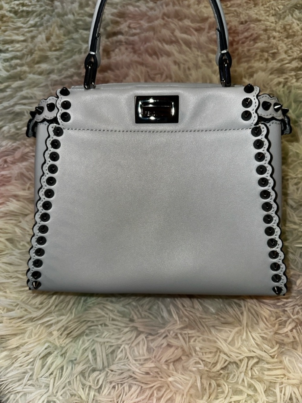 Fendi Peekaboo Mini Light Blue Studded Leather Two-Way Top Handle Bag - Picture 5 of 16